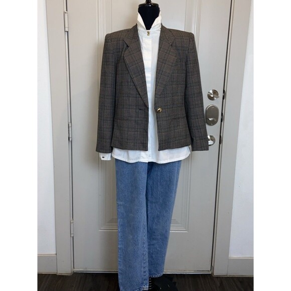 SHERIDAN SQUARE WOMENS JACKET BLAZER SZ 12 BROWN PLAID BUTTON UP LS - Picture 2 of 14